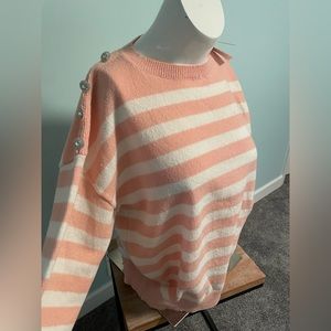 Pink and white striped sweater with rhinestone shoulders. NWT. Size 1xl